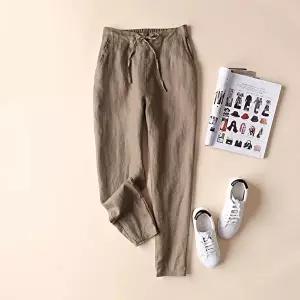 여성 린넨 여름 바지 배기 핏 쿨 밴딩 팬츠 브라운 (HSJ-WACD40B)