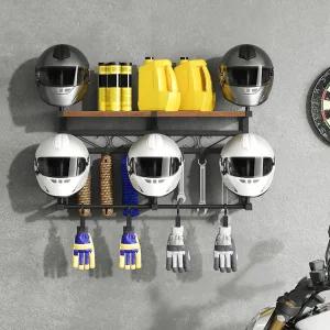 후브로 모터사이클 헬멧 랙 벽걸이 마운트 매달린 막대가 있는 홀더 4개의 장갑 클램프와 6개의 후크가