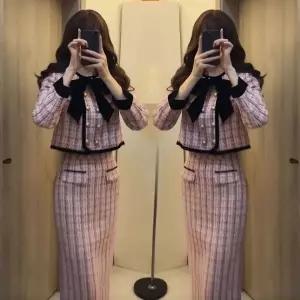 트위드투피스 빅사이즈 여성 트위드 투피스 세트 핑크