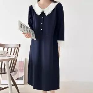 [신세계라이브쇼핑][옷자락] 여자 레이스 카라넥 배색 팔부 진주버튼 빅 롱원피스