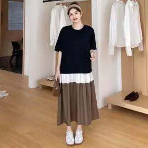 여성 캐주얼 배색 라운드넥 반팔 롱 원피스