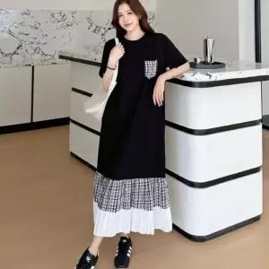 여성 캐주얼 체크 플리츠 라운드넥 반팔 롱 원피스