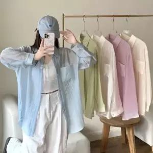 여성 여름 패션코디 하늘하늘 주름 프렌치 얇은 긴팔 루즈핏 셔츠