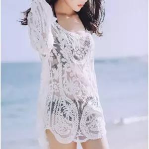 비치웨어 여름 시스루 레이스 망사 그물 커버업 긴팔