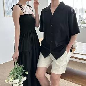 셔츠 남성 여성 블랙 원피스 비치웨어 패션 커플룩