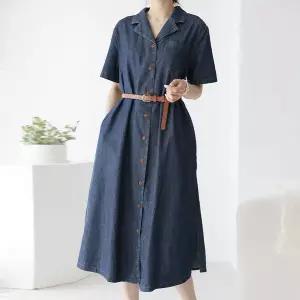[유야]여성 벨트 세트 데님 셔츠 반팔 롱 원피스 -EOP0621- 빅사이즈 루즈핏 오버핏 여름