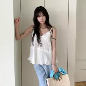 [다잇템] 여자 레이스 슬리브리스 V넥 면원단 프릴 귀여운 SS 블라우스