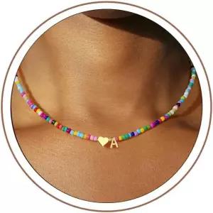 여성 소녀를 위한 투란도스 컬러풀 비즈 초기 목걸이 14K-금도금 하트 레터 A-Z 펜던트 귀여운 여름 주얼리