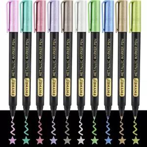 Fhyhej 메탈릭 마커 펜 - 암벽화 블랙 페이퍼 아트 및 스크랩북을 위한 2.0mm 미디엄 팁이 포함된 10가지