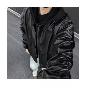 솔저스2 남성 블랙 페이크 투피스 가죽 코트 쇼트 루즈핏 후드 야구점퍼 OPH1