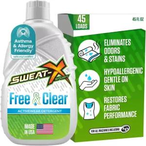 SWEAT X 프리 및 클리어 세탁 세제 액체 - 민감한 피부를 위한 천연 무독성 액티브웨어 퍼포먼스 패브릭을