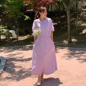 [신세계라이브쇼핑][옷자락] 여자 오픈 카라넥 허리밴딩 루즈 반팔 롱원피스