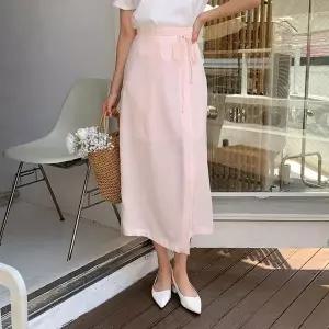 [신세계라이브쇼핑][옷자락] 여자 뒷밴딩 트임 리본스트랩 쉬폰 롱스커트