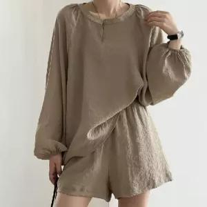 여성 상하 투피스 반바지 모달블라우스 라운드넥 허리밴딩 세트