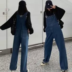 [라일리여성의류] Rly 진청 와이드 여자 점프수트 통바지 데님 청 멜빵