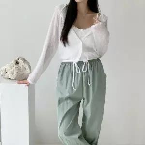 여자 끈 V넥 골지 레이스 리본 나시