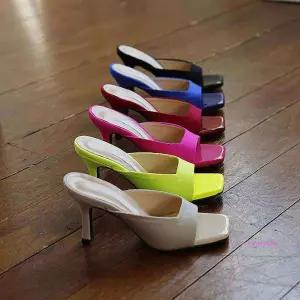 슬리퍼구두 에나멜 블로퍼힐 여름 스퀘어코 오픈토efg474