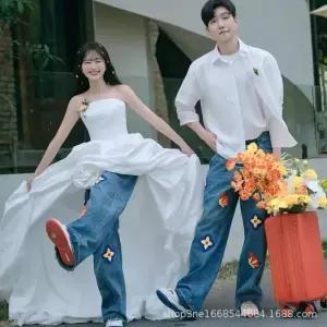 제이호 웨딩촬영캐주얼룩 셀프웨딩 스튜디오 여행 사진 테마 커플 웨딩 원피스 앞 짧은 뒤 긴