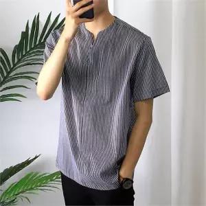 [후앙스]와이넥 포인트 잔 스트라이프 반팔 헨리넥 오버핏 남방 SMST4847_P063539934