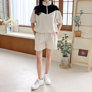 반집업 스트링끈 배색 아노락 반팔 반바지 세트 포켓 트레이닝 여성