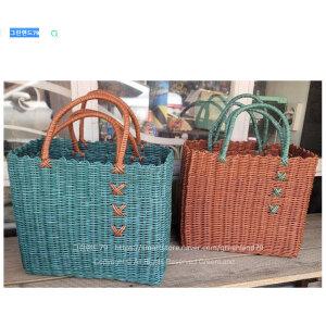 크로스 보카시 칼라손잡이 2겹 2p 직사각라인 고급재질 핸드메이드 빨대바구니 그린랜드가방  바스켓