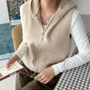 [하프클럽/옷자락]여자 간절기 니트 후드집업 투웨이 골지 민소매 조끼