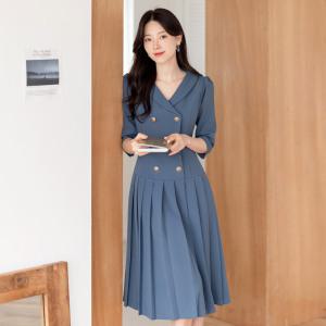 [시크라인] 부조프 숄카라 더블 버튼 플리츠 원피스 빅사이즈/오피스룩/하객룩