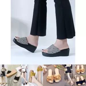 국산 체크 상굽 쿠션 이중창 여성 사무실 슬리퍼/통굽 키높이 웨지 샌들 실내화 굽높은 여름