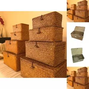 라탄 수납바구니 사각 정리함 뚜껑 덮개 보관함 L/다용도/수납상자/소품/대바구니/대형/바구니/수납박스