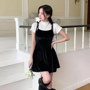 [하프클럽/]여자 가을 겨울 벨벳 리본 플레어 뷔스티에 미니원피스