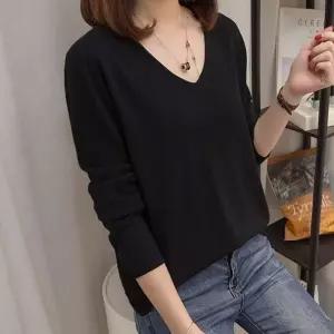 포텐만발 여성 브이넥 니트 긴팔 티셔츠 기본티 스웨터 이너 프리사이즈 66-77