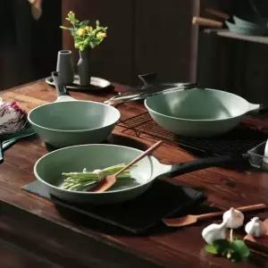 통주물 프라이팬 인덕션 IH용 올리브 그린 2종(28CM 궁중팬+28CM팬)