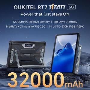 OUKITEL RT7 5G 타이탄 러기드 태블릿, 10.1인치 FHD+ 32000mAh, 36GB(12+24)+512GB, 48MP+20MP 5G 아웃도