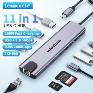 레모렐 11 in 1 USB C 허브 4K HDMI 타입 어댑터 포트 100W PD RJ45 480Mbps SD/TF 슬롯 고속 데이터 전송