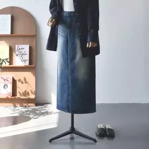 데님 캣워싱 H라인 뒷트임 롱스커트