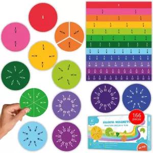 166 PCS 자기 분수 타일 및 원 - 초등 조작 클래스 세트 막대 스트립 키트 자석 수학 심플리 매직
