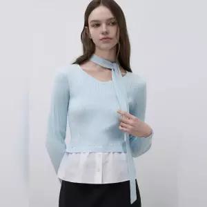 백화점 잇미샤 울 블랜드 타이넥 레이어 니트탑 ITQ2KPO780