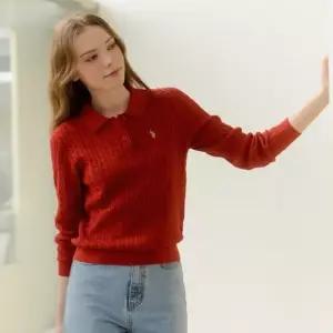 [U.S. POLO ASSN.] 여성 코튼 긴팔 케이블 카라니트_레드