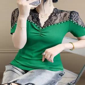 여성 라인댄스복 상의 비즈 레이스 티셔츠 블랙 라틴댄스