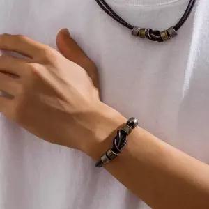 트위스트 남성 빈티지 매듭 브라운 가죽 팔찌 더블 레더 클래식 데일리 악