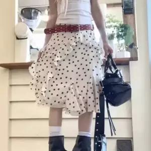 스커트 롱 빈티지 봄 여친 하객 A라인 부드러운 도트 언밸런스 admr1