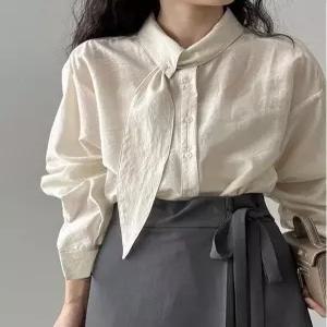 스카프 카라 블라우스 셔츠 하객룩 여성 데일리 출근 살구베이지