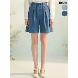 [하프클럽/BNX]여성 밴딩 핀턱 4부 데님 반바지