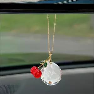 BWWND 체리 자동차 걸이 장식품 크리스탈 리어 뷰 미러 선캐처 펜던트 럭키 블링 볼 참 에스테틱 선물
