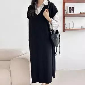 [옷자락]여성 레이어드 양트임 루즈핏 브이넥 니트조끼 롱드레스_P420789360