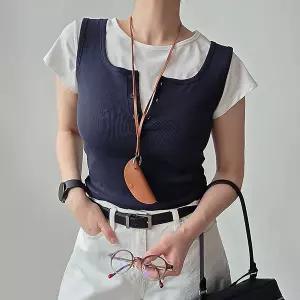 쿠키 버튼 레이어드 뷔스티에 골지 스퀘어넥 나시