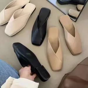 크로스 사각 스퀘어 낮은굽 편한블로퍼 슬리퍼 사무실 뮬슬리퍼