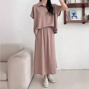 [콩심팥심]빅사이즈 오버핏 카라 티셔츠 스커트 세트 데일리룩