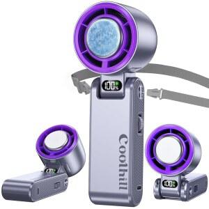 아이스 쿨러가 장착된 쿨힐 휴대용 선풍기: 100단 5500mAh 충전식 선풍기, 20,000RPM 에어 터보 기술로 여행용 야외용 개인용 선풍기(보라색)