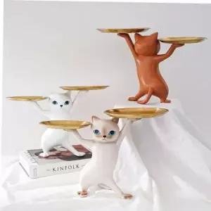 미니소품 접시든 고양이 골드 트레이 집들이 인테리어 소품 1P